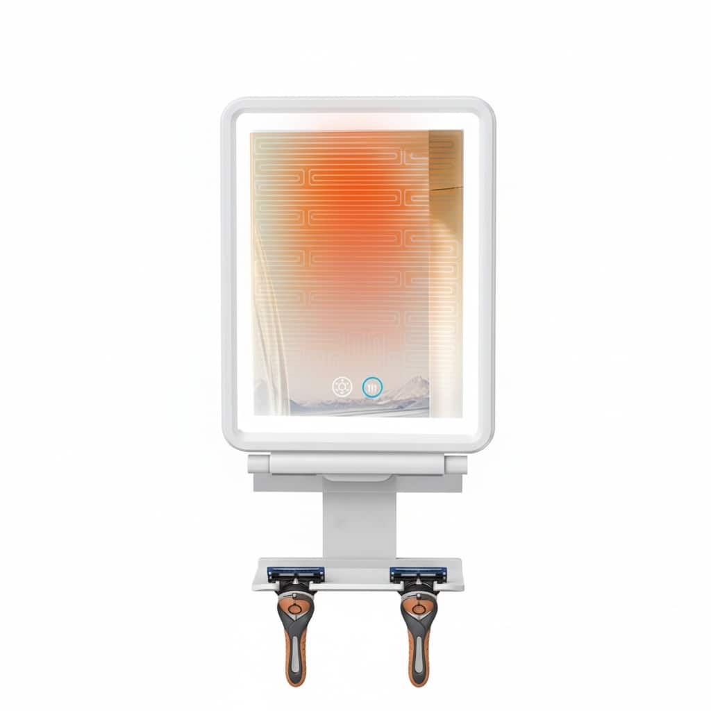 Dazzed Corner - Heated Fogless Shower Mirror with 3 Dimmable Lights, Razor Holder - White