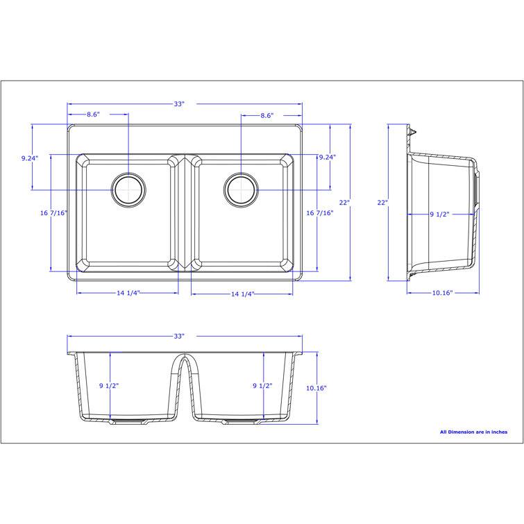 8.6"  
33"  
9.24"  
16 7/16"  
22"  
14 1/4"  
9 1/2"  
10.16"  
All dimensions are in inches