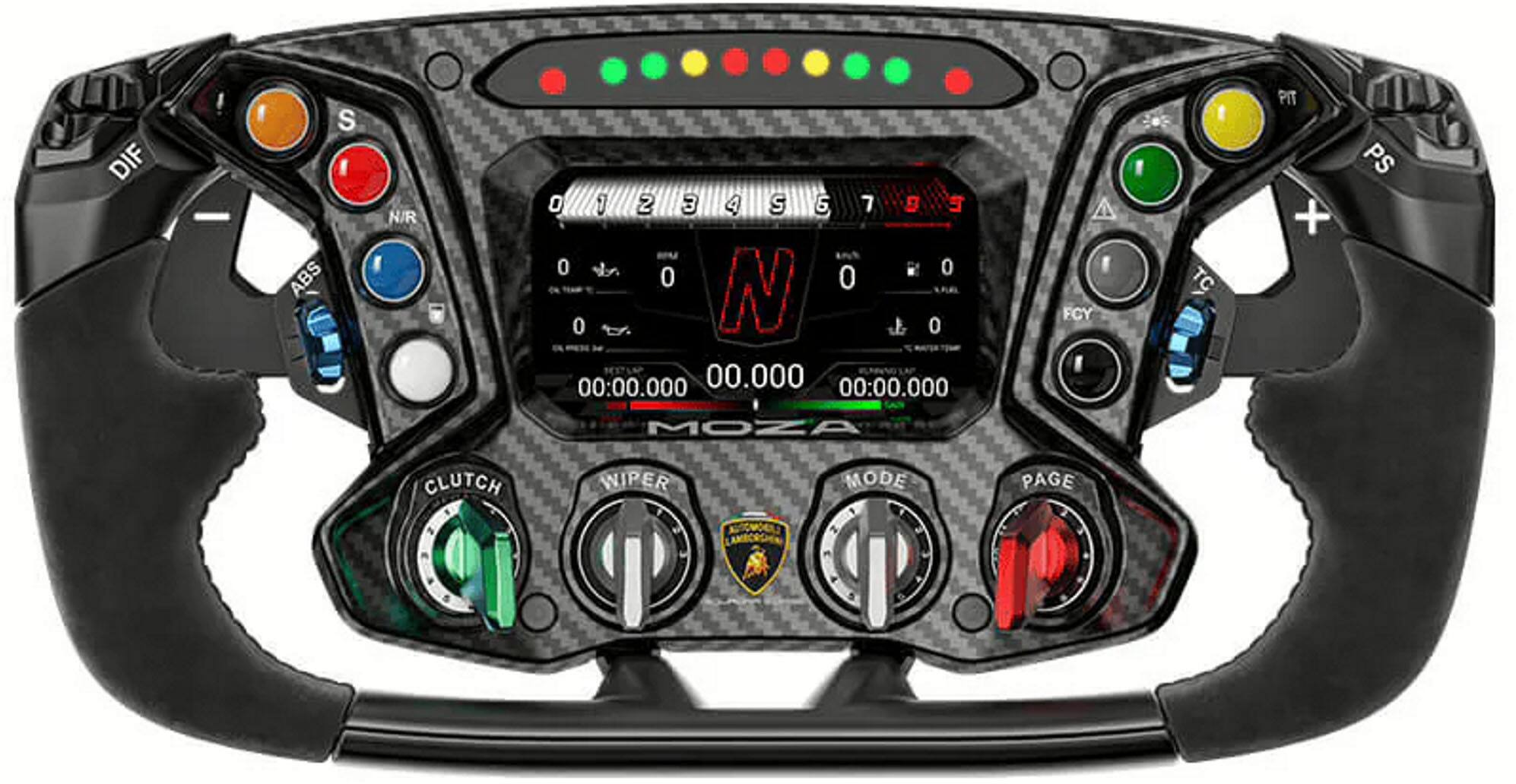 DIF  
S ABS N/R  
0 1 2 3 4 S 6 7 g E 0  
i 0 0 0 0 N 0  
00:00.000 00.000 00:00.000  
FCY 20s  
TC PIT + PS  
MOZA  
CLUTCH WIPER MODE PAGE  
LAMBORGHINI