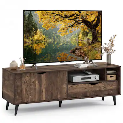 Front. Costway - Costway TV Stand for TVs up to 65 Inches, Entertainment Center with Storage Cabinet, Drawer - Brown.