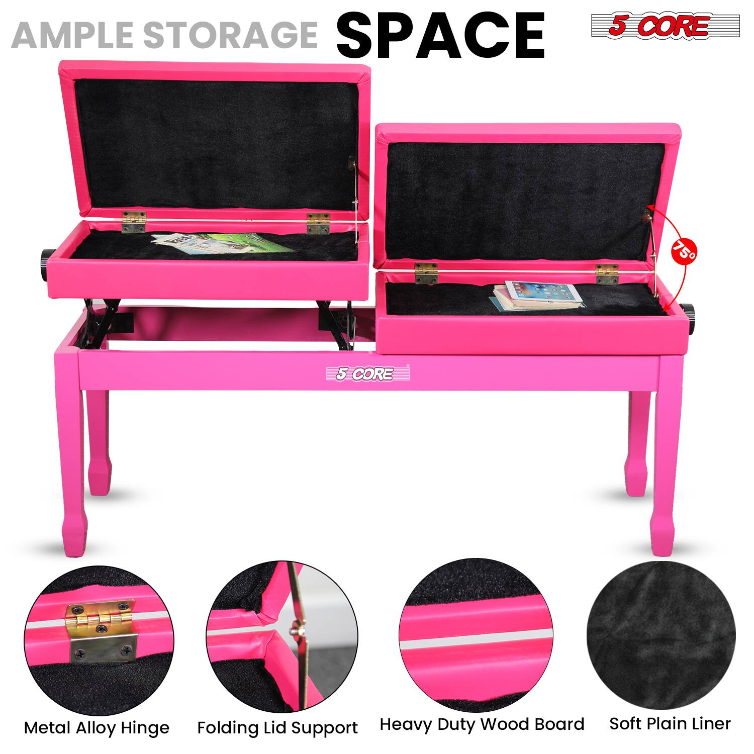 - AMPLE STORAGE SPACE
- 5 CORE
- Metal Alloy Hinge
- Folding Lid Support
- Heavy Duty Wood Board
- Soft Plain Liner