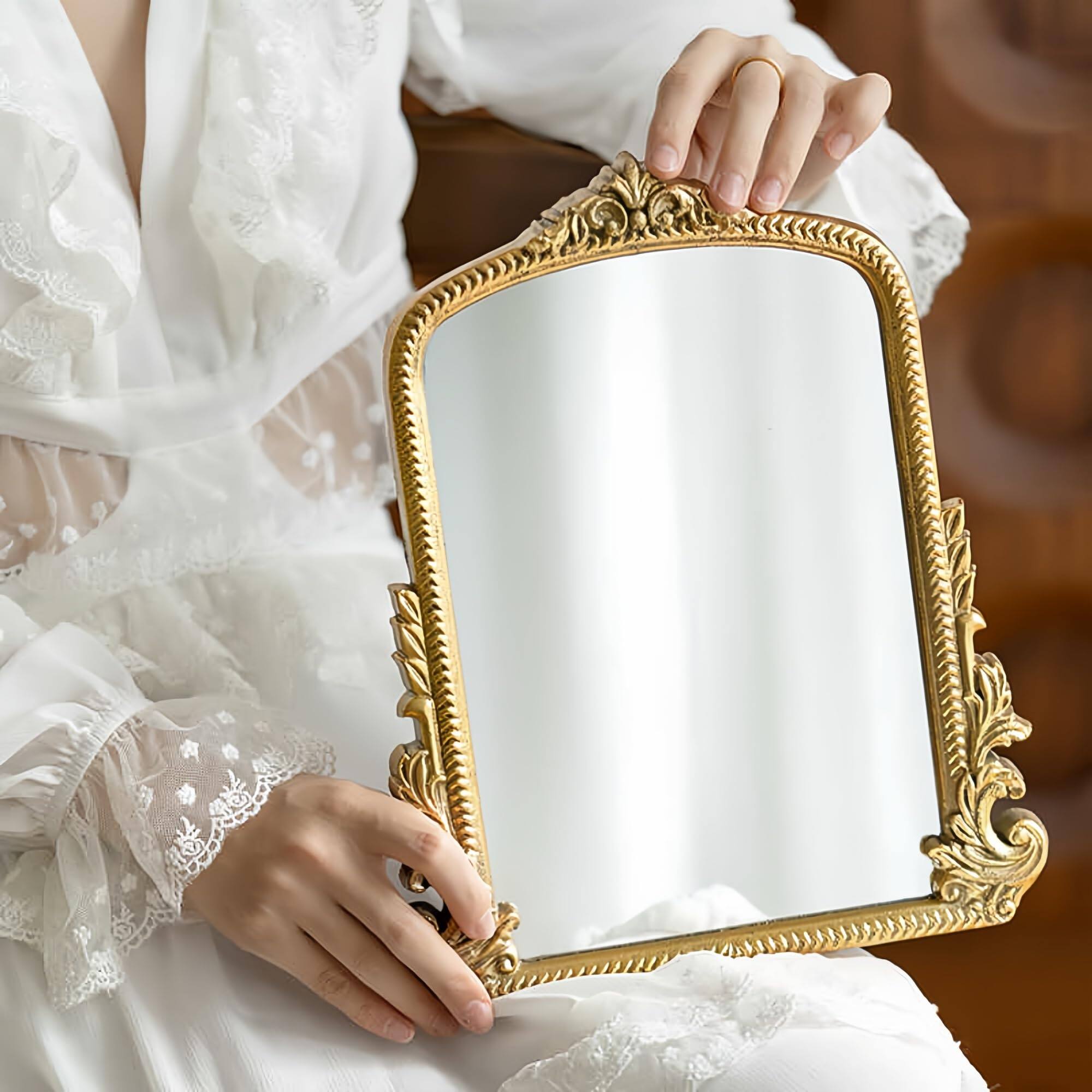 Left. Pacoar Cade - Champagne Vintage Baroque Vanity Mirror Small Arched Makeup Free Standing For Dresser Bedroom Living Room - Default.