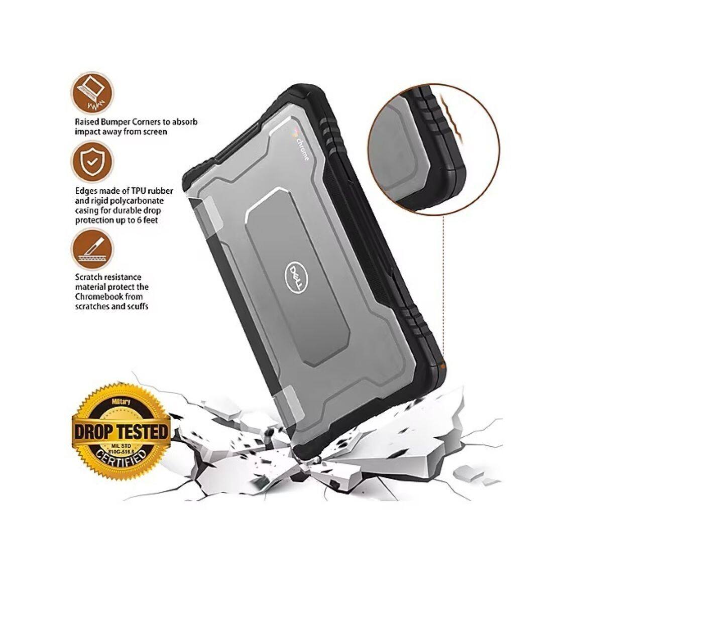 Raised Bumper Corners to absorb impact away from screen  
Edges made of TPU rubber and rigid polycarbonate casing for durable drop protection up to 6 feet  
Scratch resistance material protect the Chromebook from scratches and scuffs  
Military DROP TESTED 3 SIDED CERTIFIED