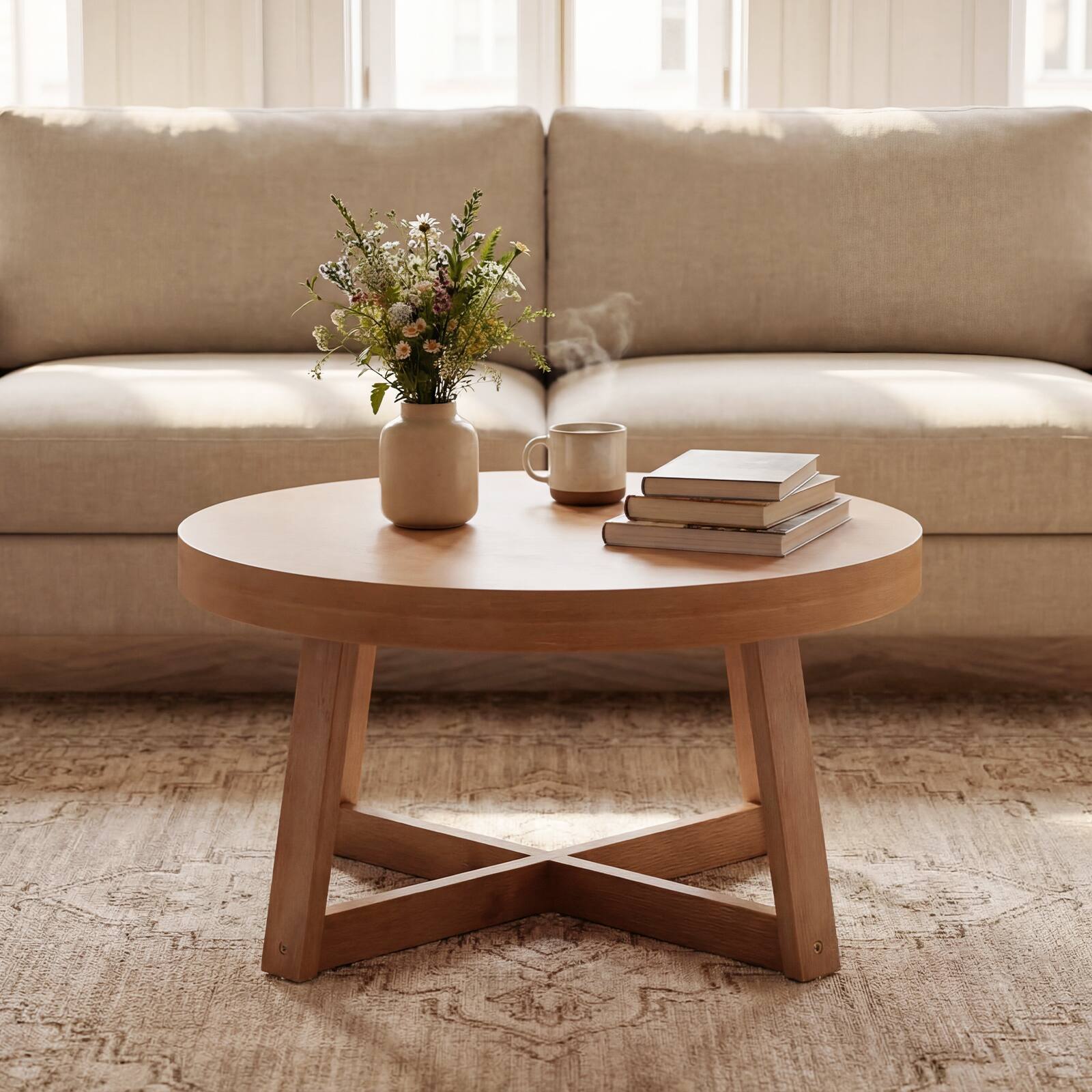 Alt View 4. Costway - Costway Round Coffee Table, 30" Wooden Center Table with Storage, Thickened Top, Cross-Shaped Pine Wood Frame - Natural.