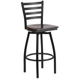 Emma + Oliver - Ladder Back Swivel Metal Restaurant Dining Barstool - Walnut Wood Seat/Black Metal Frame