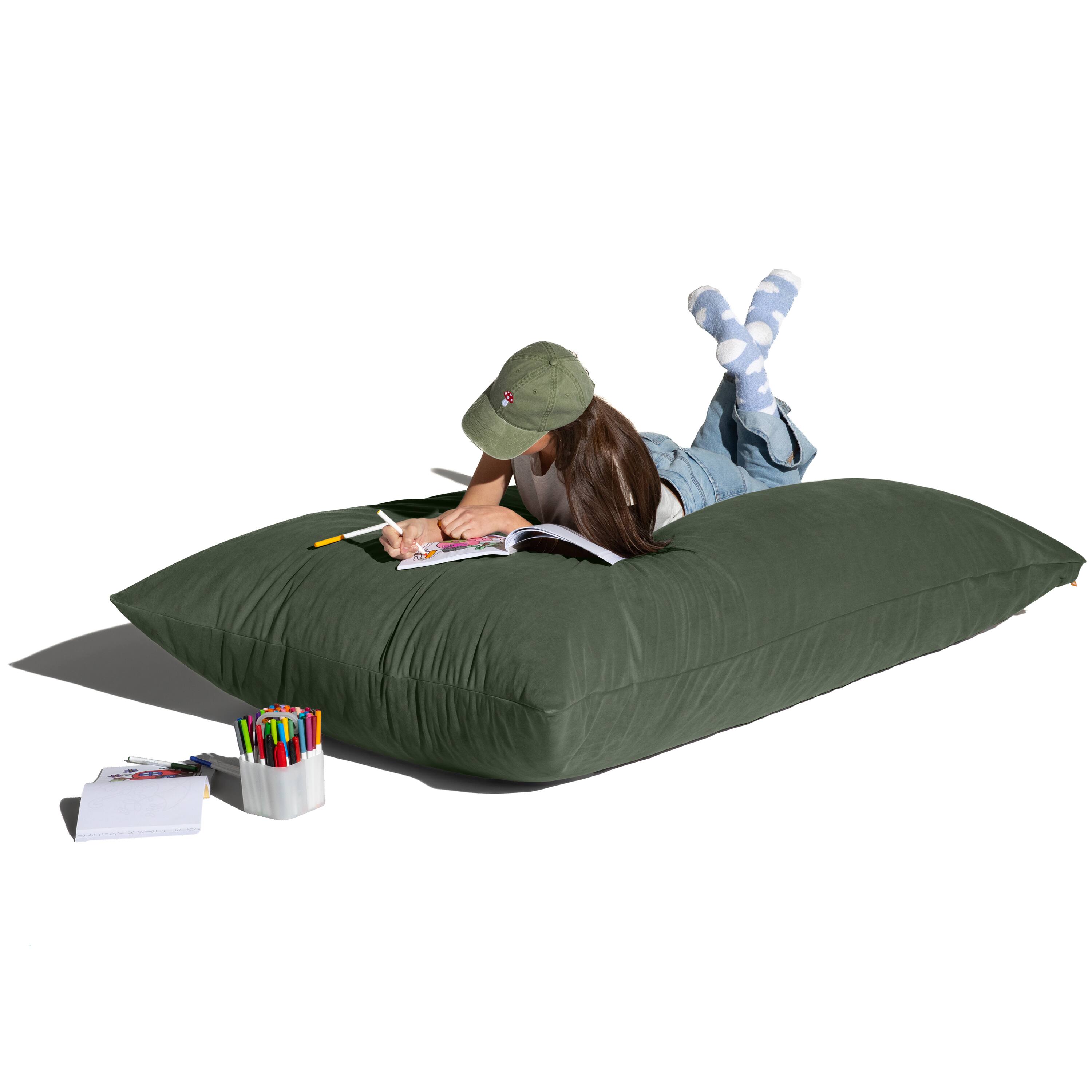 Angle. Jaxx - Pillow Saxx Dream Lounger with Wood Frame - 3-in-1 Bean Bag Accent Chair, Recliner & Sleeper, Lush Velvet Green - Lush Velvet Green.