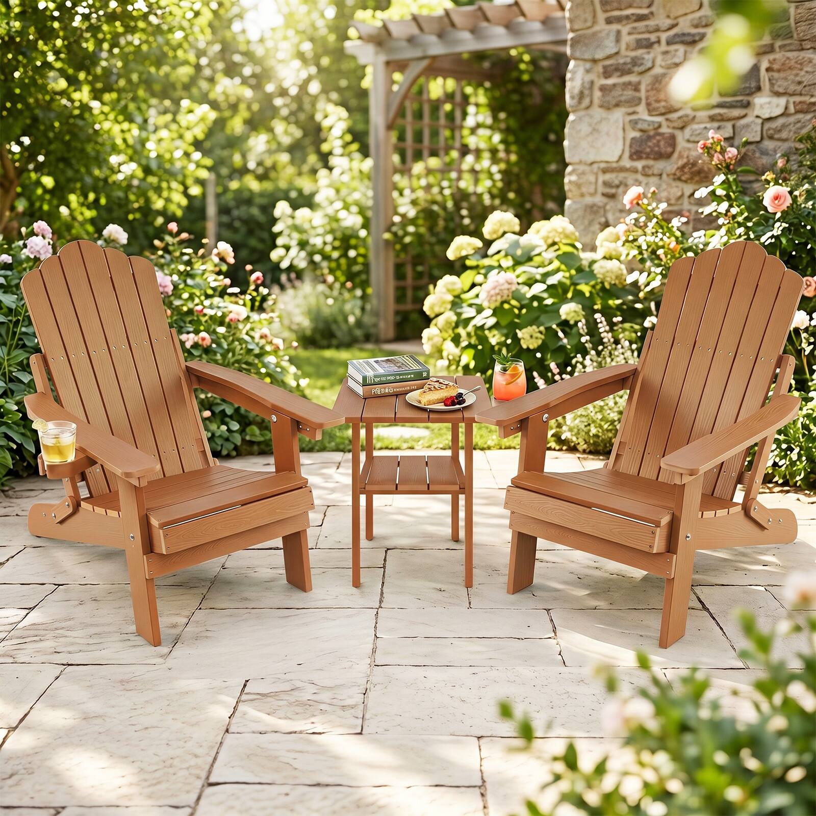Alt View 1. Gymax - Gymax 2PCS Folding Adirondack Chair w/ 5-Level Backrest Wooden Textured for Lawn Coffee - Brown.