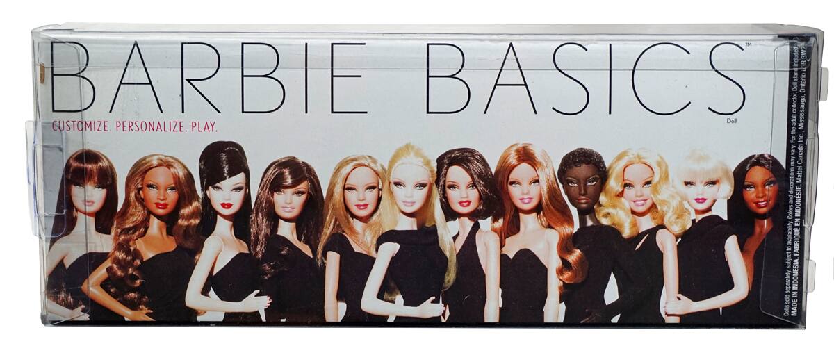 BARBIE BASICS  
CUSTOMIZE. PERSONALIZE. PLAY.  

Doll  

For availability, colors, and decorations, see subject separately.  
MADE IN INDONESIA.  
MADE IN CANADA.  
MADE IN INDONESIA.  

Mattel Inc.  
Mississauga, Ontario, Canada