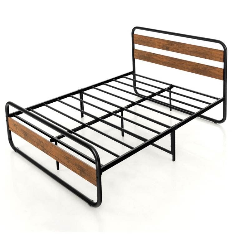 Hivvago - Queen Industrial Wood and Metal Tube Platform Bed with Headboard and Footboard - Brown