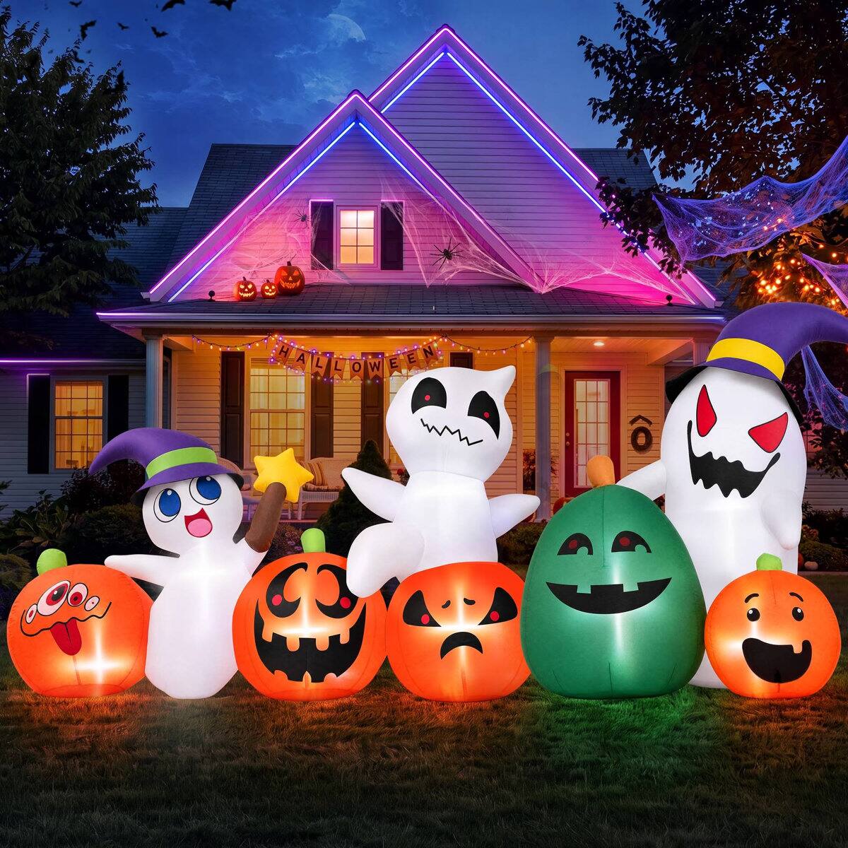 Angle. Wisairt - 7ft Inflatable Pumpkin Ghost with LED Lights - Outdoor Halloween Yard Decor - Green|White|Red.