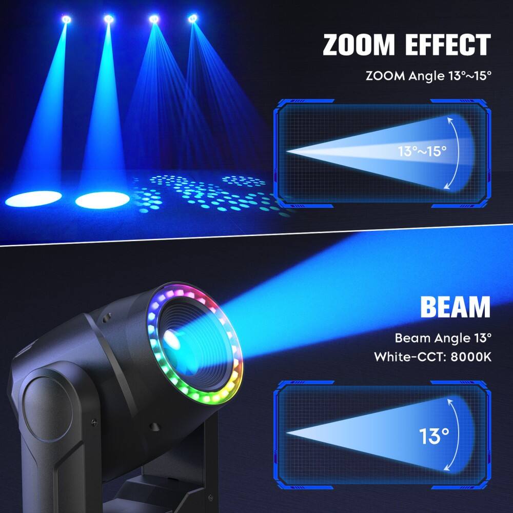 ZOOM EFFECT  
ZOOM Angle 13°~15°  

BEAM  
Beam Angle 13°  
White-CCT: 8000K