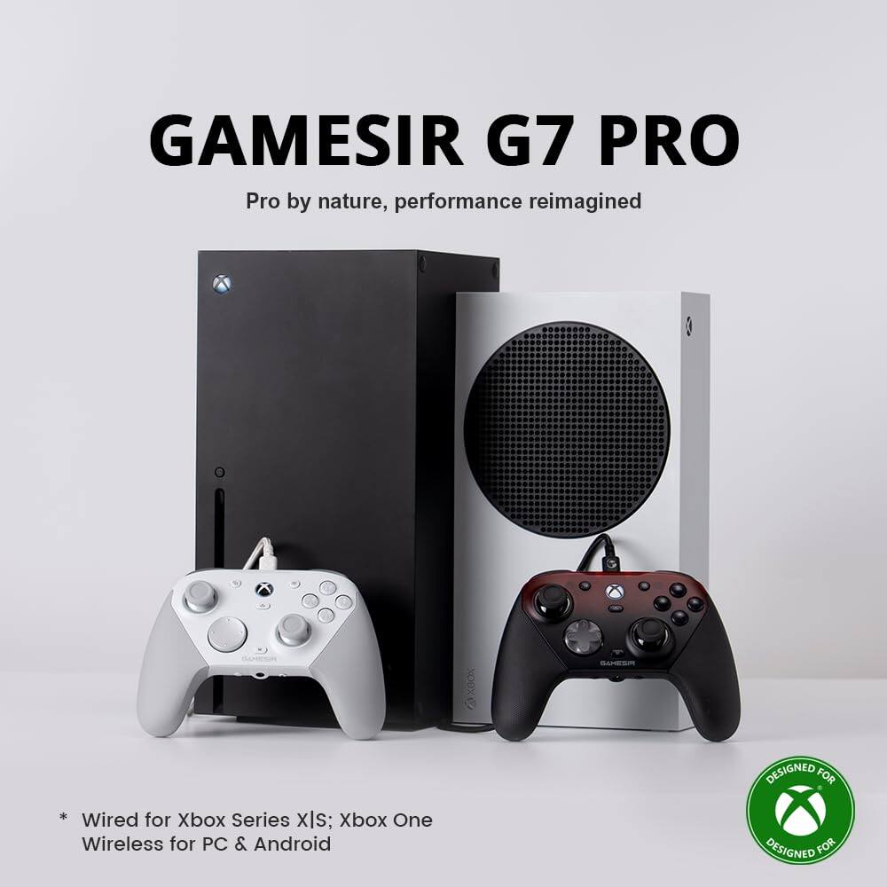 GAMESIR G7 PRO  
Pro by nature, performance reimagined  

DESIGNED FOR  
Xbox Series X|S; Xbox One  
Wired for Xbox Series X|S; Xbox One  
Wireless for PC & Android  

* Wired for Xbox Series X|S; Xbox One  
Wireless for PC & Android
