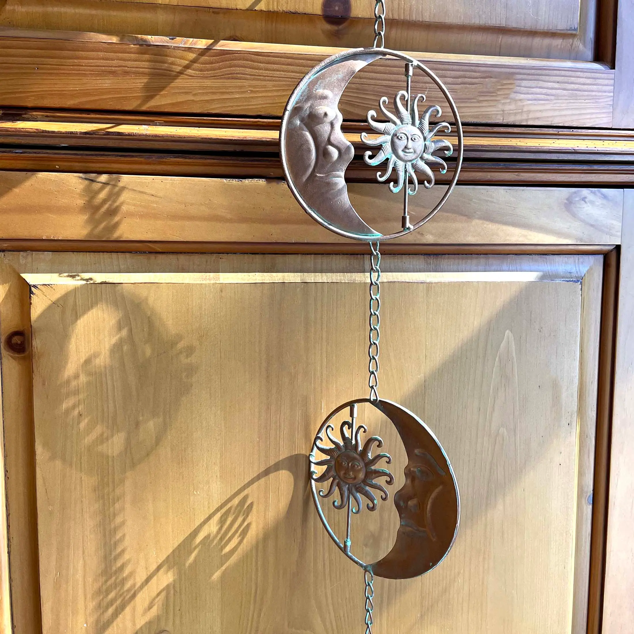 Alt View 5. Things2Die4 - 80-Inch Metal Rain Chain - 6 Celestial Crescent Moon & Suns, Bronze Finish - Copper.