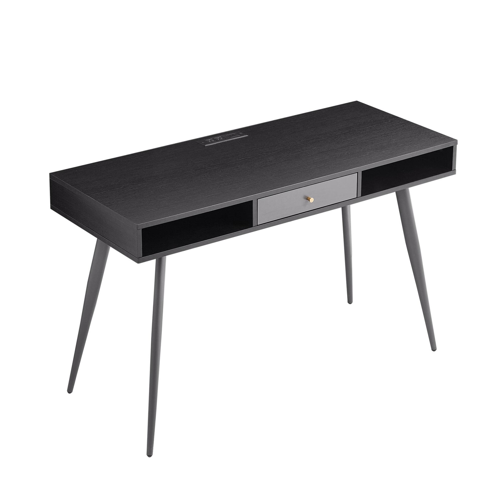 Alt View 6. Tiramisubest - Mid Century Desk with USB Ports & Power Outlet,Modern Multifunctional Home Office Computer Desk with Drawers,Black - Black.