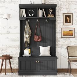 Loheer - Hall Tree with Shoe Bench, 4-in-1 Entryway Coat Rack, 64.4 Inch - Black
