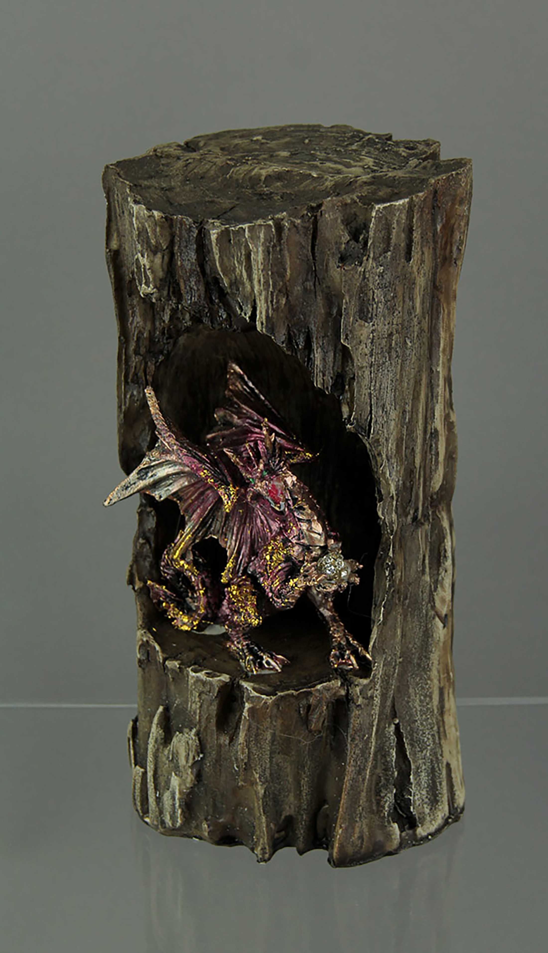 Alt View 1. Zeckos - Dragon Holding Orb In Old Log Statue with Color Changing LED Lights - Brown.