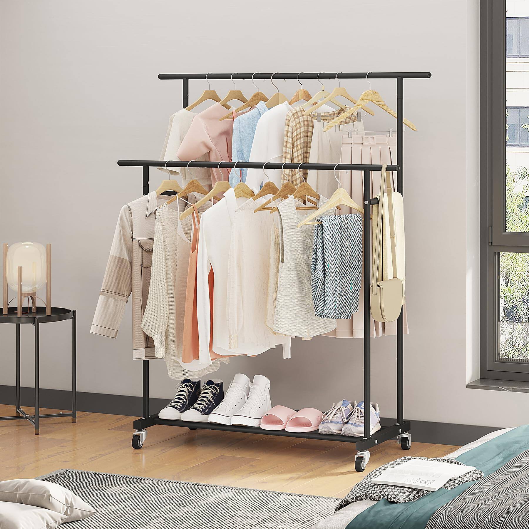 Alt View 5. ThinkLink Electronic - Double Rod Clothing Garment Rack Rolling Hanging Clothes Portable Organizer For Bedroom Living Room Store - White.