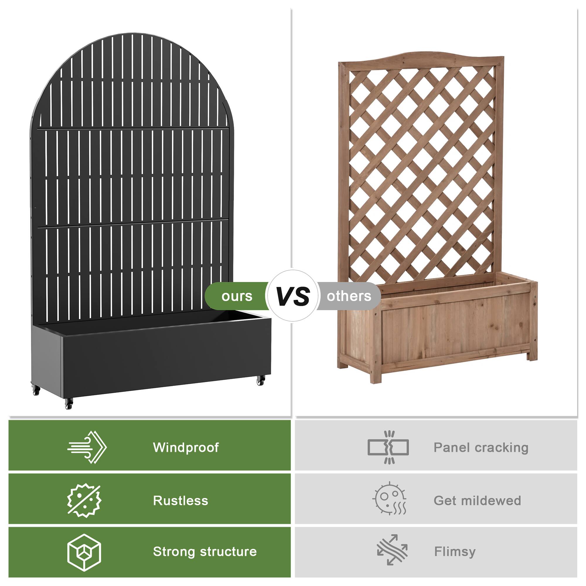 ours vs others

- Windproof
- Rustless
- Strong structure

others

- Panel cracking
- Get mildewed
- Flimsy