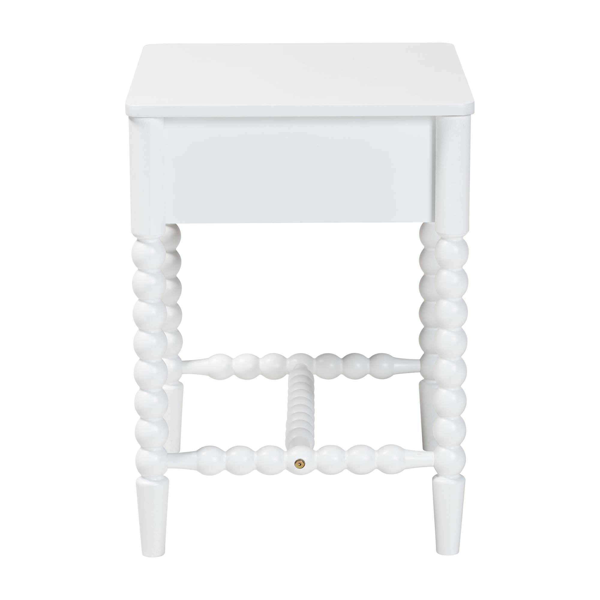 Back. Baxton Studio - Brantley Spindle Nightstand - 1-Drawer Bedside Table with Beaded Frame and Open Base for Bedroom - White.
