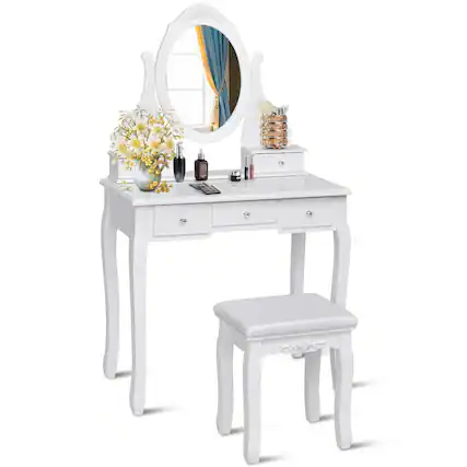Front. Costway - Costway Bedroom Wooden Mirrored Makeup Vanity Set Stool Table Set 5 Drawers - white.