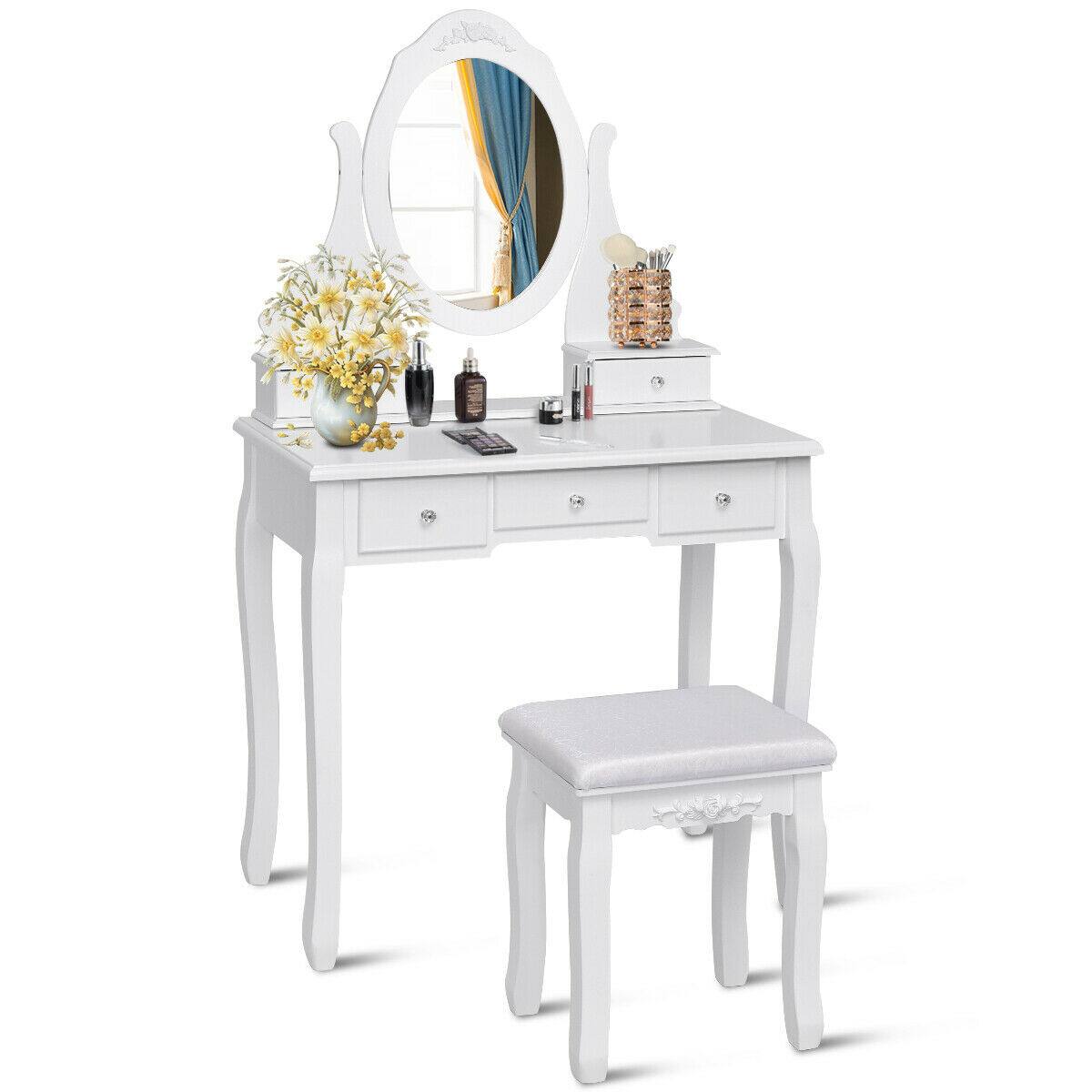 Costway - Bedroom Wooden Mirrored Makeup Vanity Set Stool Table Set 5 Drawers - White