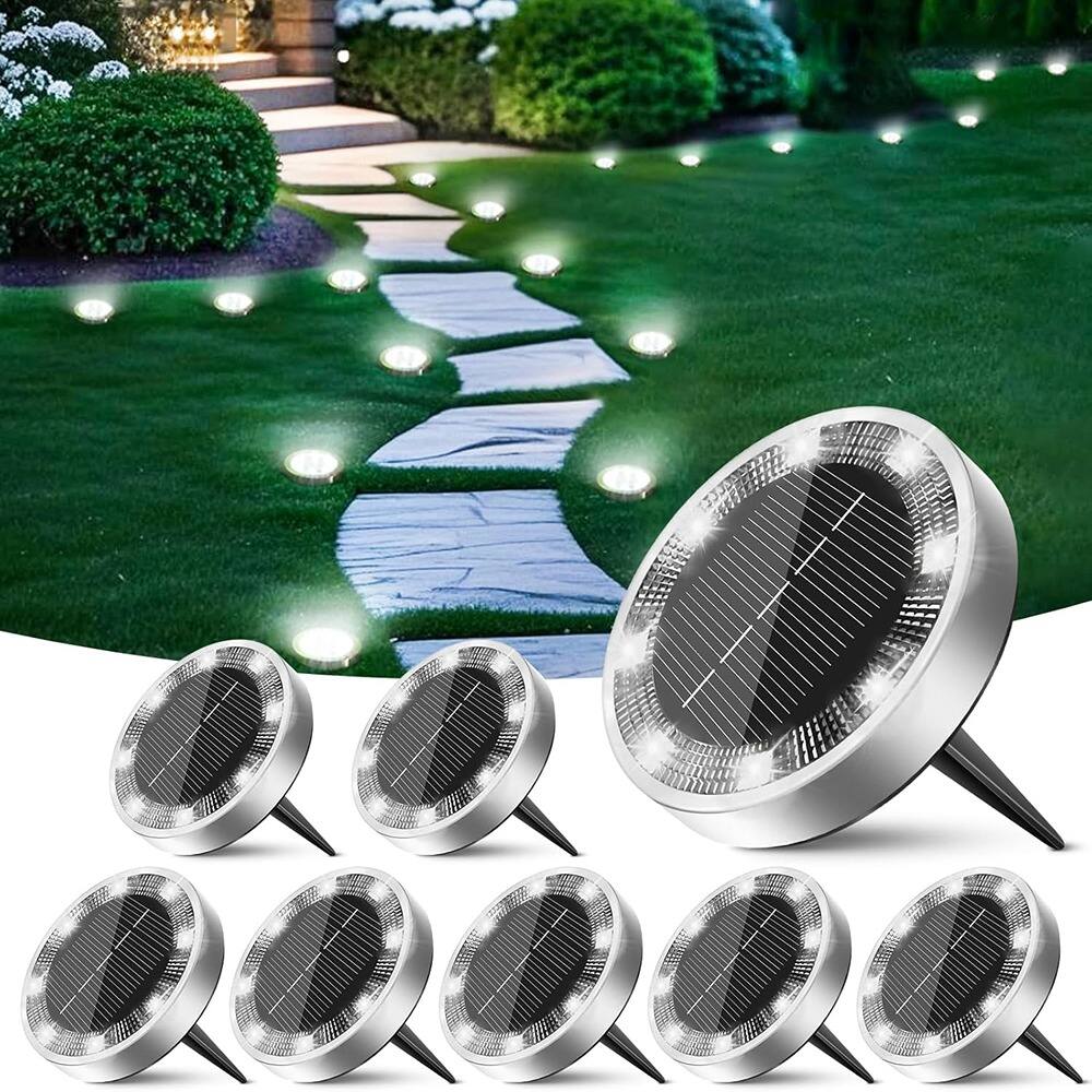 MOSZAR LLC - Solar Ground Lights Outdoor, 8 Pack Flat Solar Powered Disc Lights - White
