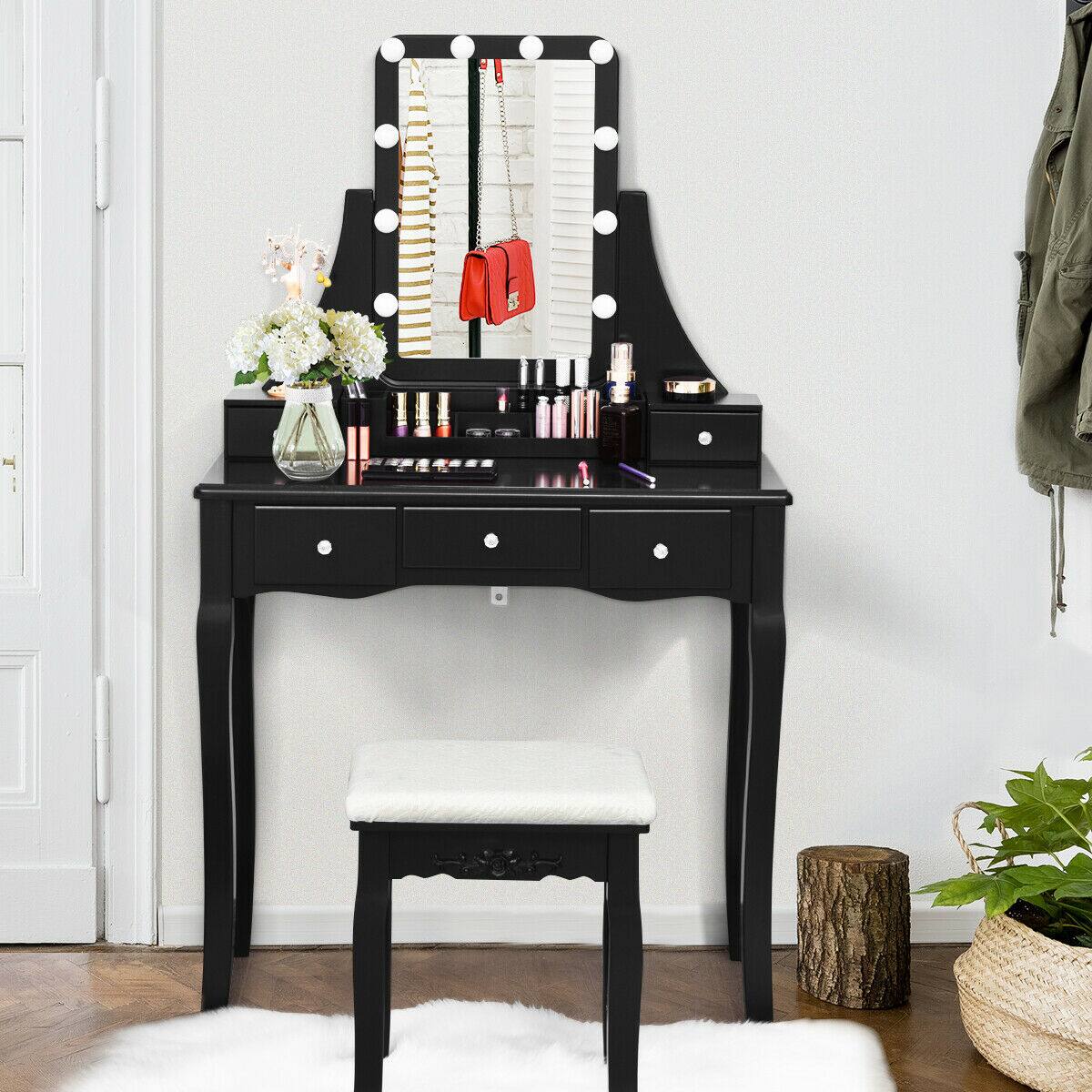 Alt View 1. Ecooso - Makeup Vanity Desk with 10 Dimmable Bulbs, Divider Organizer and Cozy Stool for Dressing Room - Black.