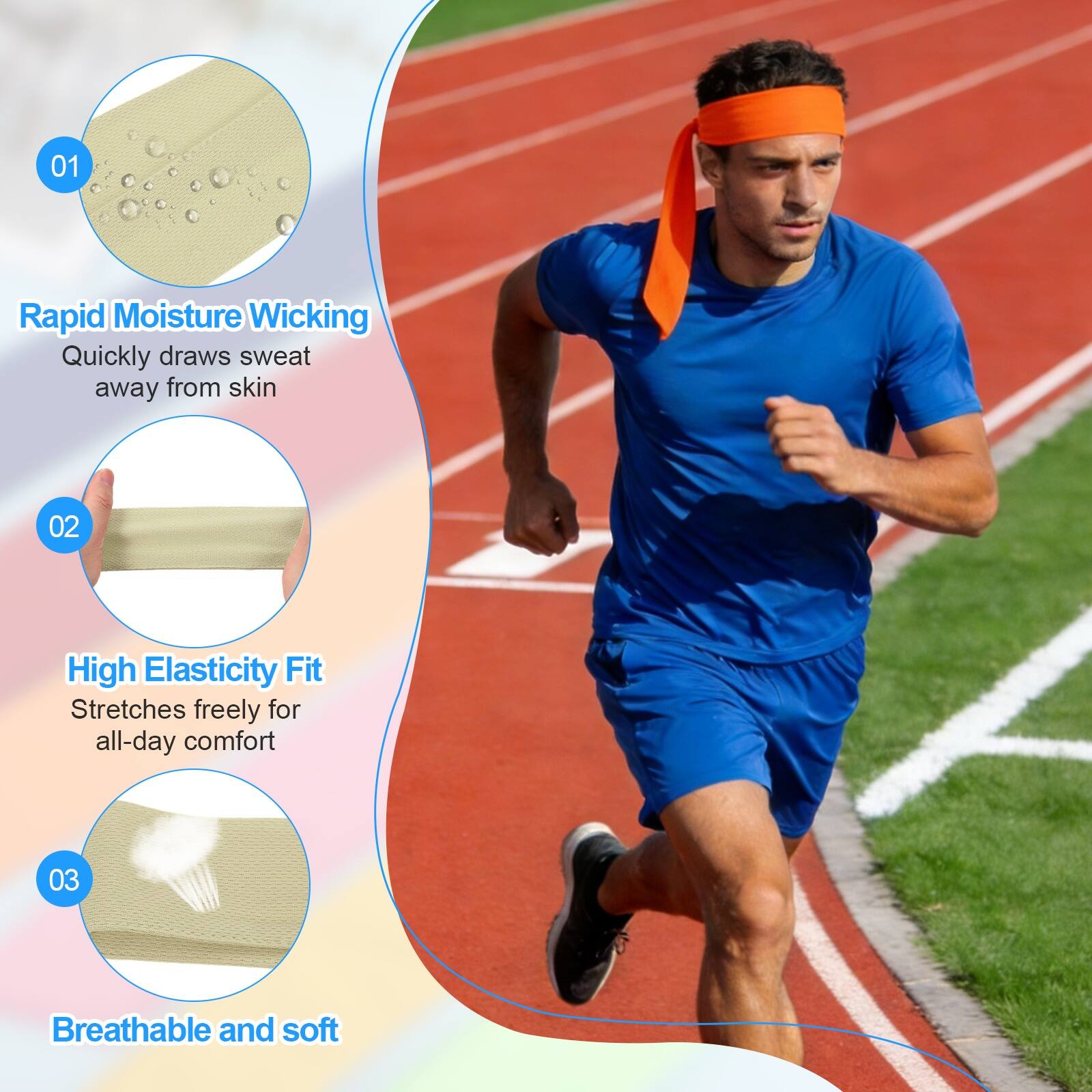 01 Rapid Moisture Wicking: Quickly draws sweat away from skin  
02 High Elasticity Fit: Stretches freely for all-day comfort  
03 Breathable and soft