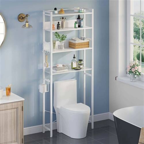 Back. SlickBlue - Space-Saving Freestanding Over Toilet Shelf with Contemporary Wood Style - White.