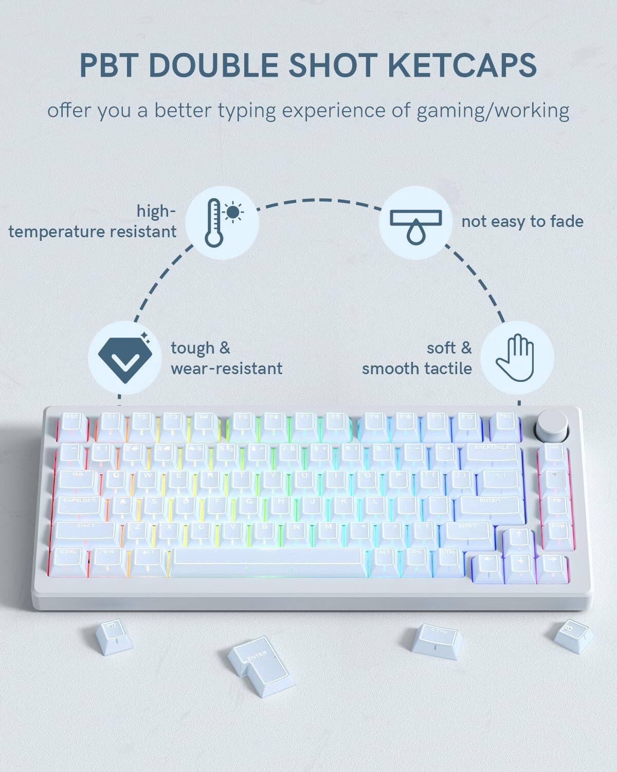 PBT DOUBLE SHOT KETCAPS offer you a better typing experience of gaming/working

- high-temperature resistant
- not easy to fade
- tough & wear-resistant
- soft & smooth tactile