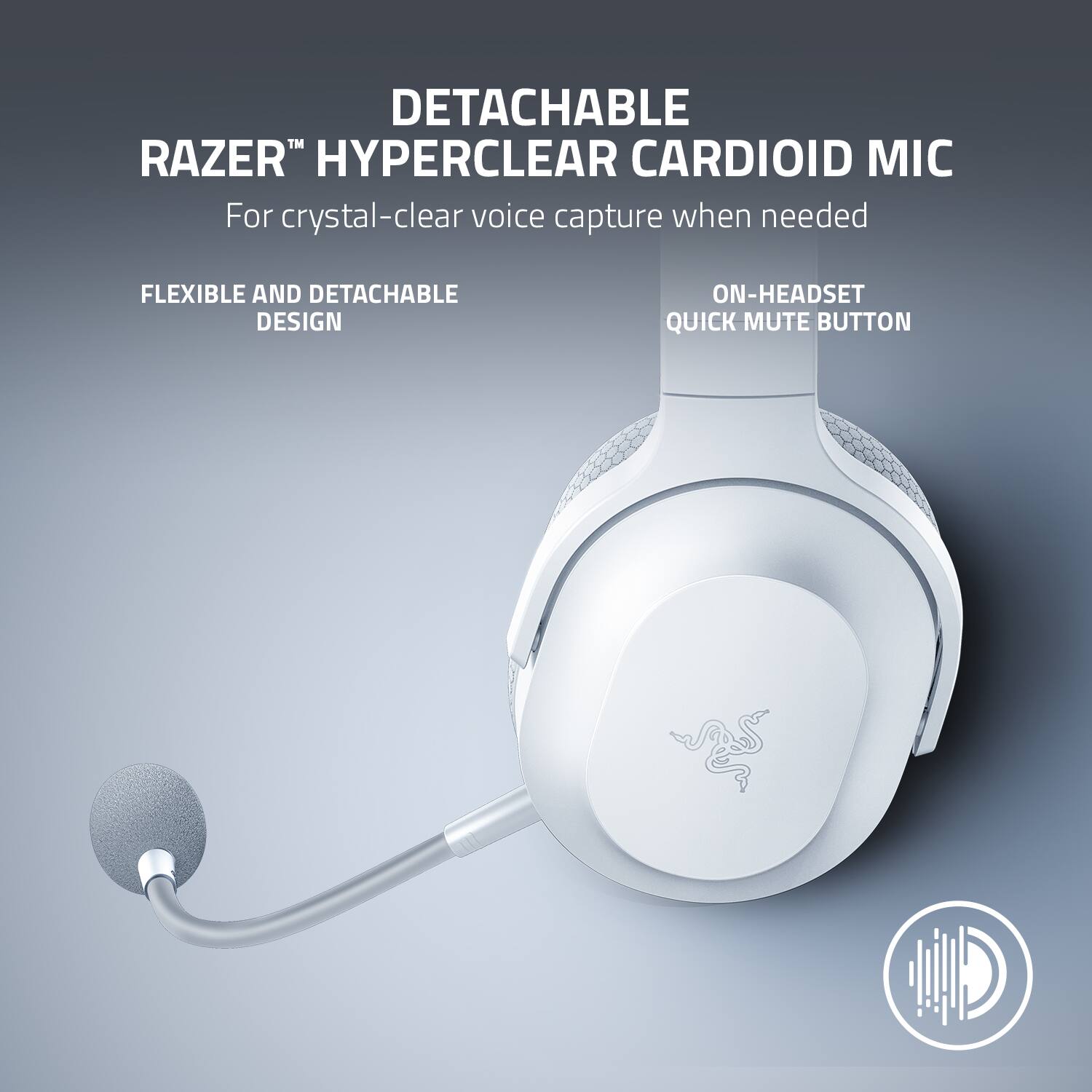 The image features a detachable Razer Hyperclear Cardioid Mic, which is designed for crystal-clear voice capture when needed. The mic has a flexible and detachable design, making it convenient for users. Additionally, the headset has a quick mute button, allowing for easy control of the audio input.