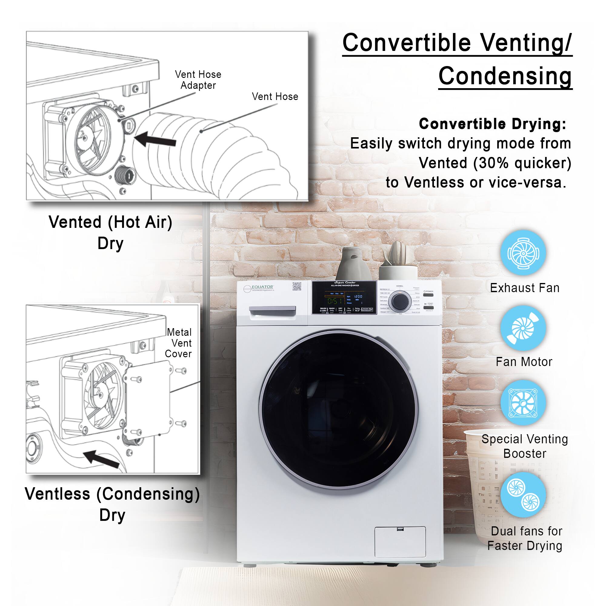 Convertible Venting/Condensing

Convertible Drying: Easily switch drying mode from Vented (30% quicker) to Ventless or vice-versa.

Vented (Hot Air) Dry

Vent Hose Adapter
Vent Hose

Ventless (Condensing) Dry

Metal Vent Cover

Exhaust Fan
Fan Motor
Special Venting Booster
Dual fans for Faster Drying