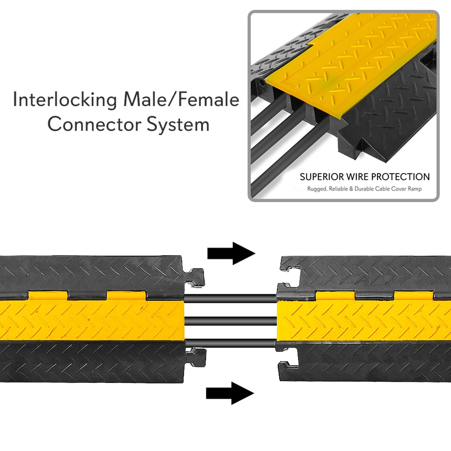 Interlocking Male/Female Connector System

SUPERIOR WIRE PROTECTION
Rugged, Reliable & Durable Cable Cover Ramp
