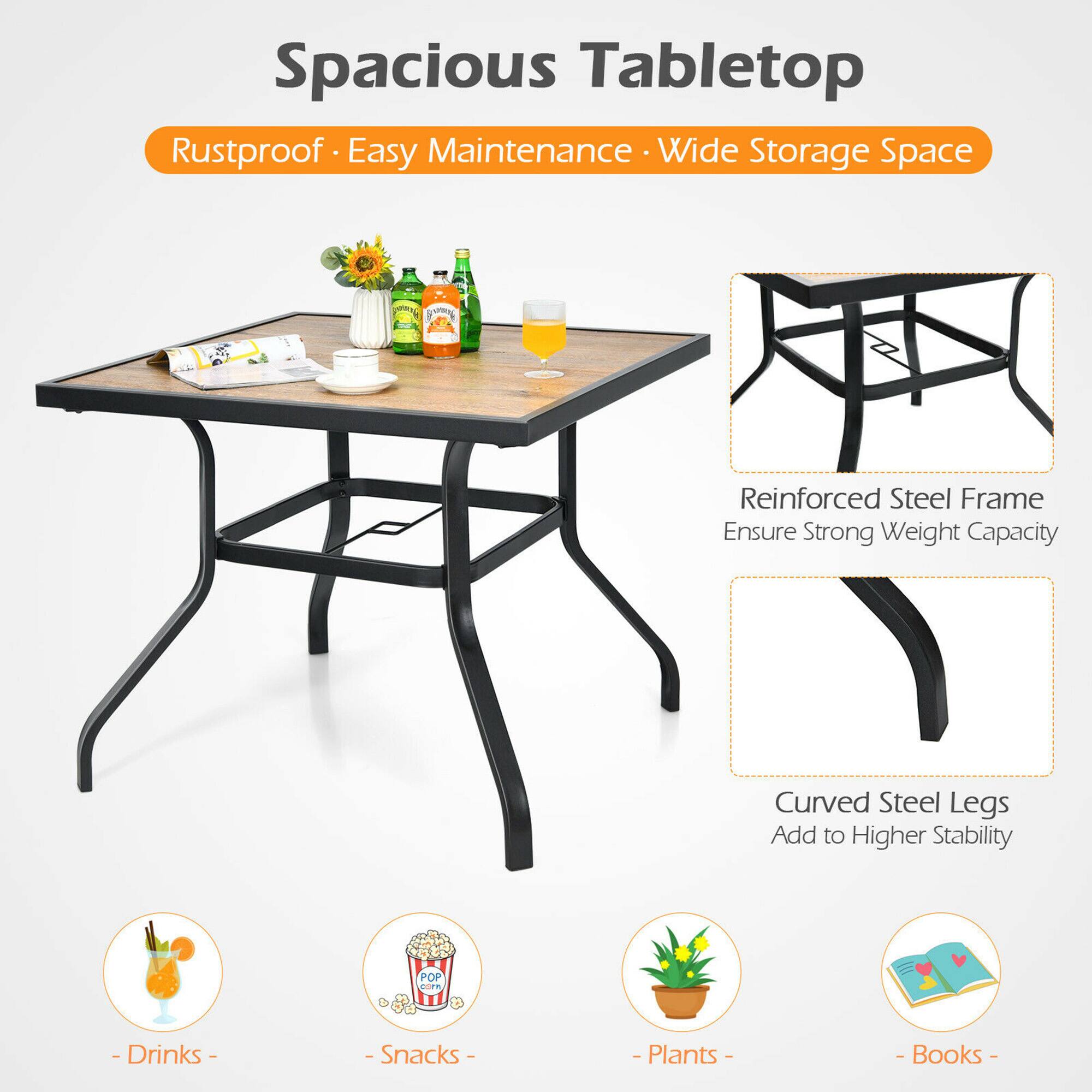 Spacious Tabletop, Rustproof, Easy Maintenance, Wide Storage Space, Reinforced Steel Frame, Ensure Strong Weight Capacity, Curved Steel Legs, Add to Higher Stability, - Drinks - - Snacks - - Plants - - Books-
