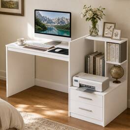 WELLFOR - 51" Modern Computer Desk with Bookshelf and 2 Drawers, Laptop Desk, Writing Study Desk - White