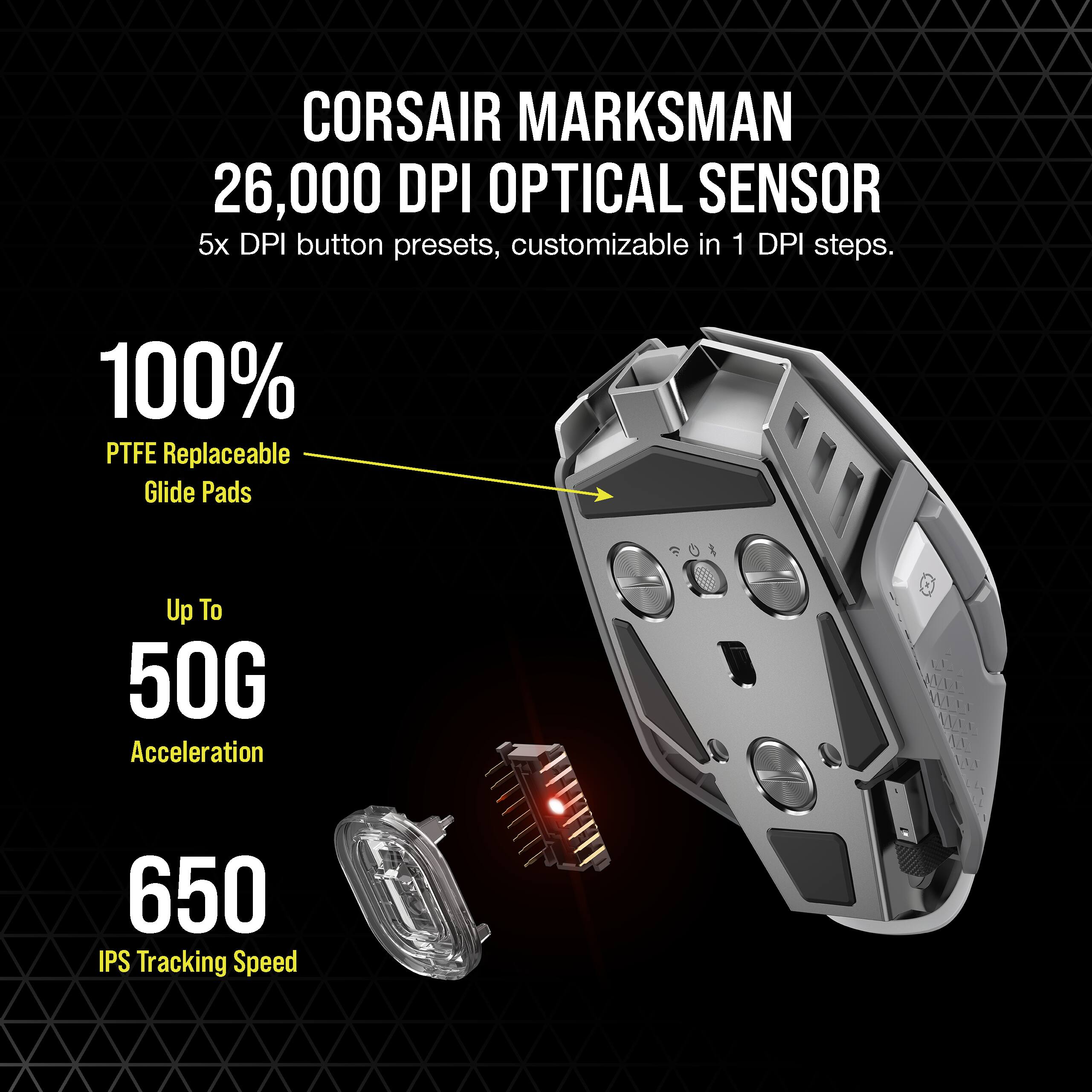 Corsair Marksman 26,000 DPI Optical Sensor: 5x DPI button presets, customizable in 1 DPI steps. 100% PTFE Replaceable Glide Pads. Up to 50G Acceleration. 650 IPS Tracking Speed.