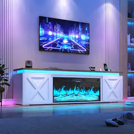 Espafurni - 83" Farmhouse TV Stand with 40" Electric Fireplace, LED & Sliding Barn Doors, Fits TVs up to 95"(2-Box Set) - White