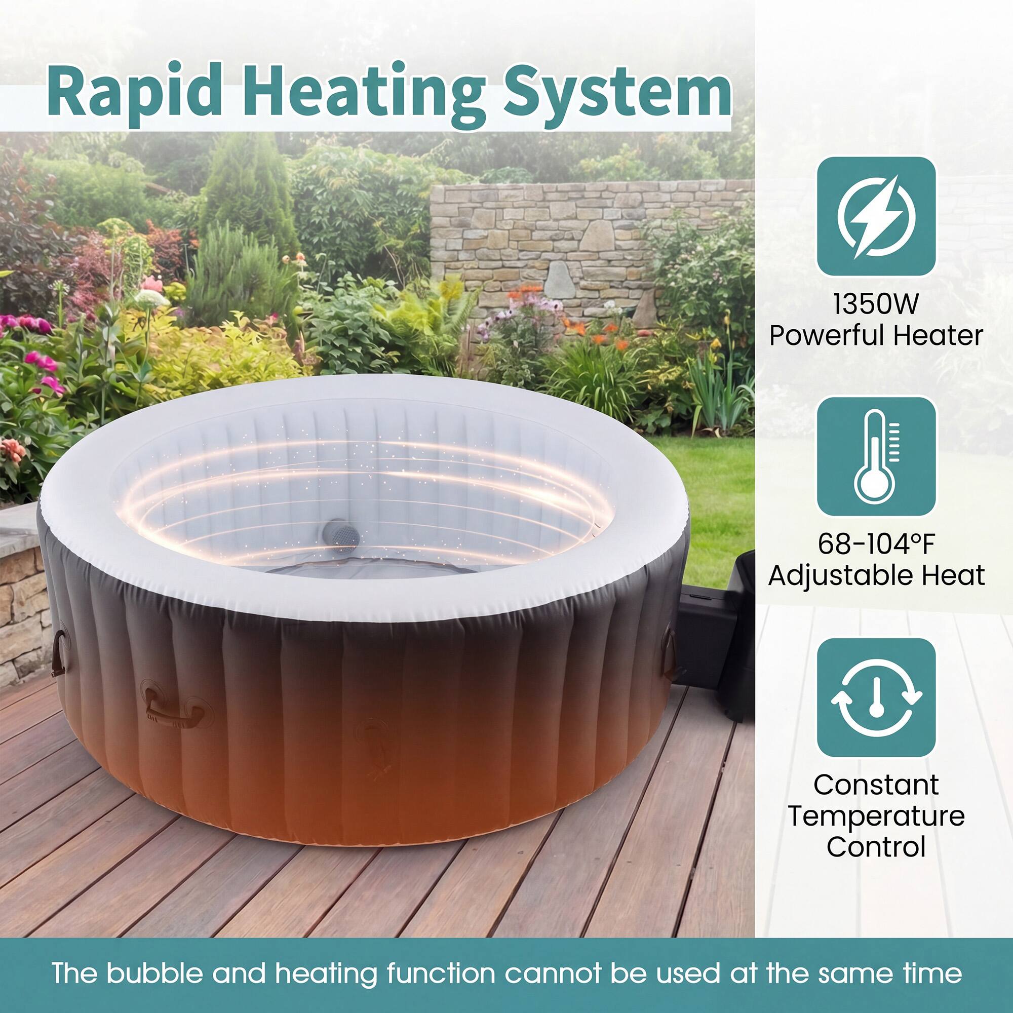Rapid Heating System

1350W Powerful Heater  
68-104°F Adjustable Heat  
Constant Temperature Control  

The bubble and heating function cannot be used at the same time