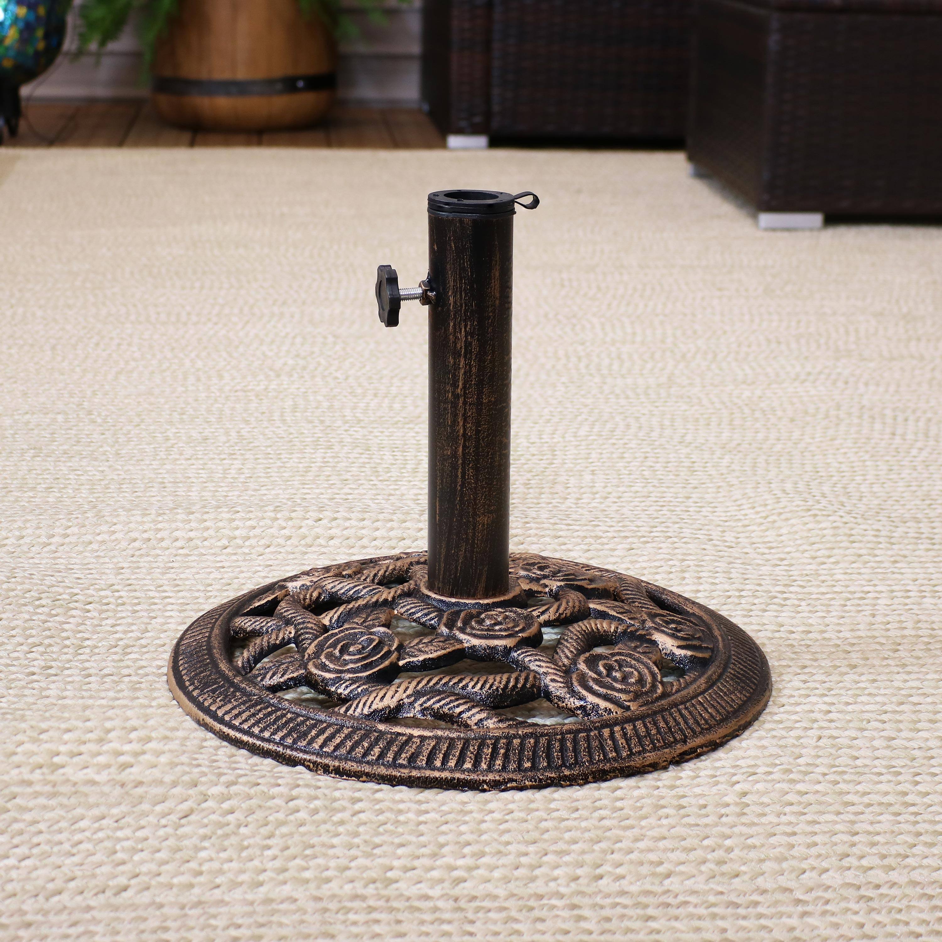 Alt View 3. Sunnydaze - 16 in Rose Blossom Cast Iron Round Patio Umbrella Base - Bronze.