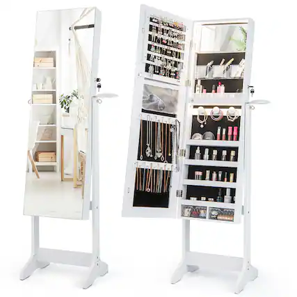 Front. Gymax - Gymax Standing Jewelry Cabinet Full Length Mirror Lockable w/ 3-Color LED Lights White - White.