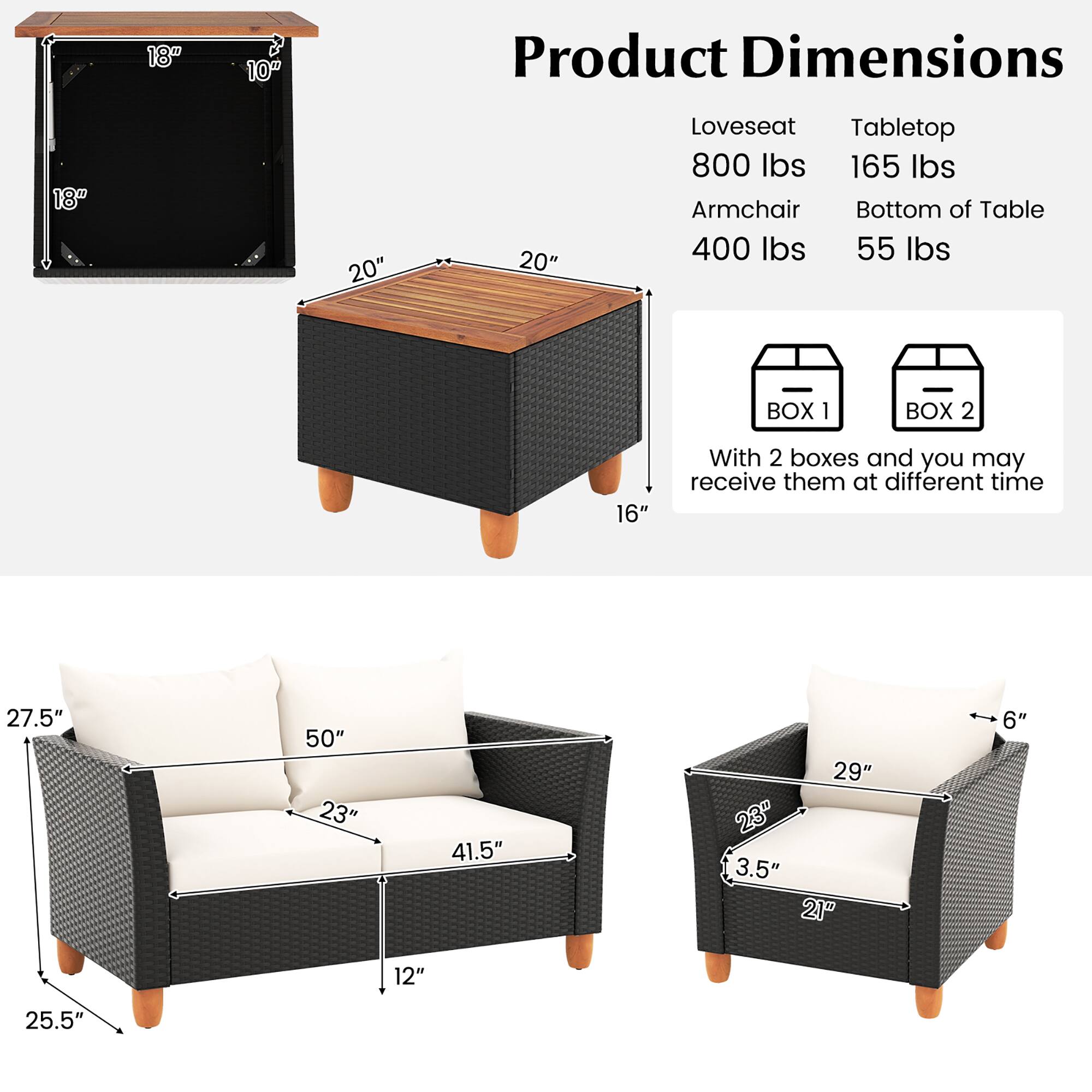 Product Dimensions: 18" 10"
Loveseat: 27.5" 50" 23"
Tabletop: 800 lbs 165 lbs
Armchair: 400 lbs 55 lbs
BOX I: 16"
BOX 2: 27.5" 29" 23" 3.5" 21" 6" 12" 25.5"