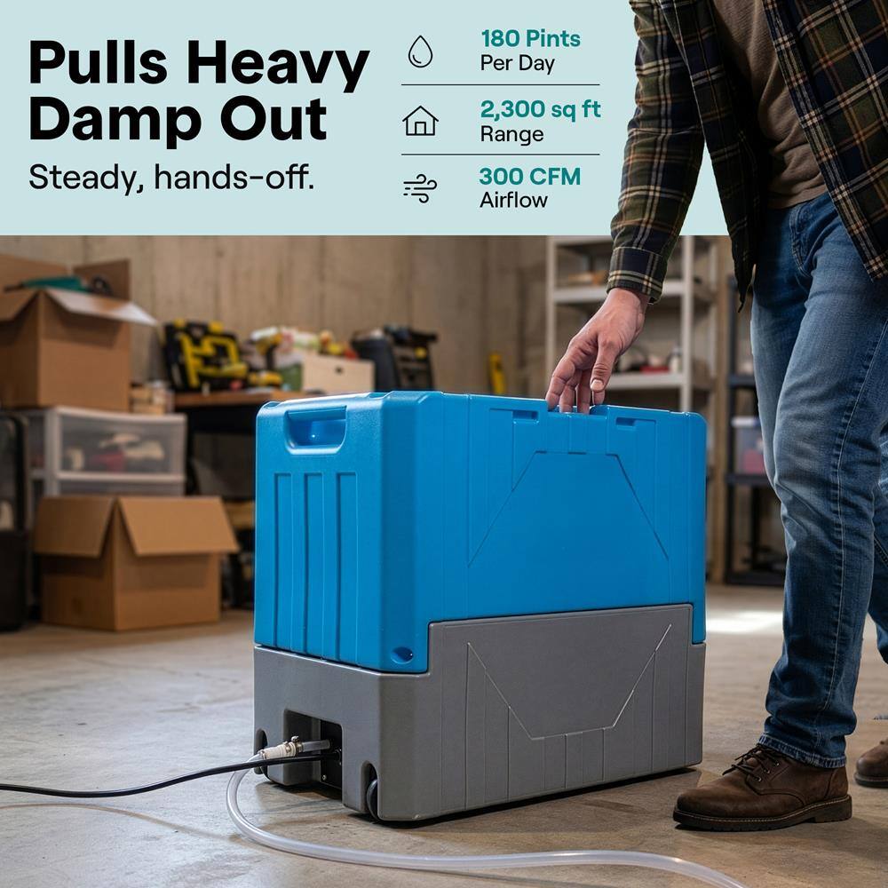 Pulls Heavy Damp Out Steady, hands-off.  
180 Pints Per Day  
2,300 sq ft Range  
300 CFM Airflow