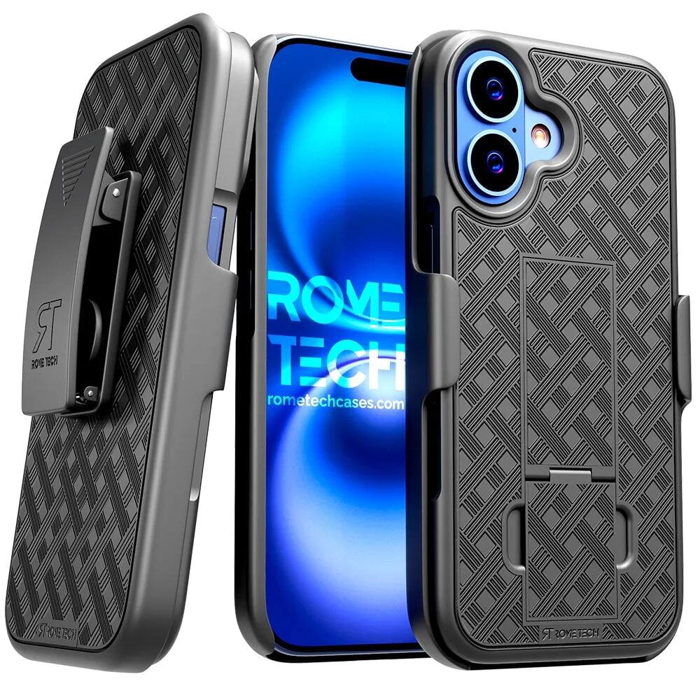 RomeTech - Apple iPhone 17 Belt Clip Holster Phone Case - 3-Pack Glass Screen Protector - Black