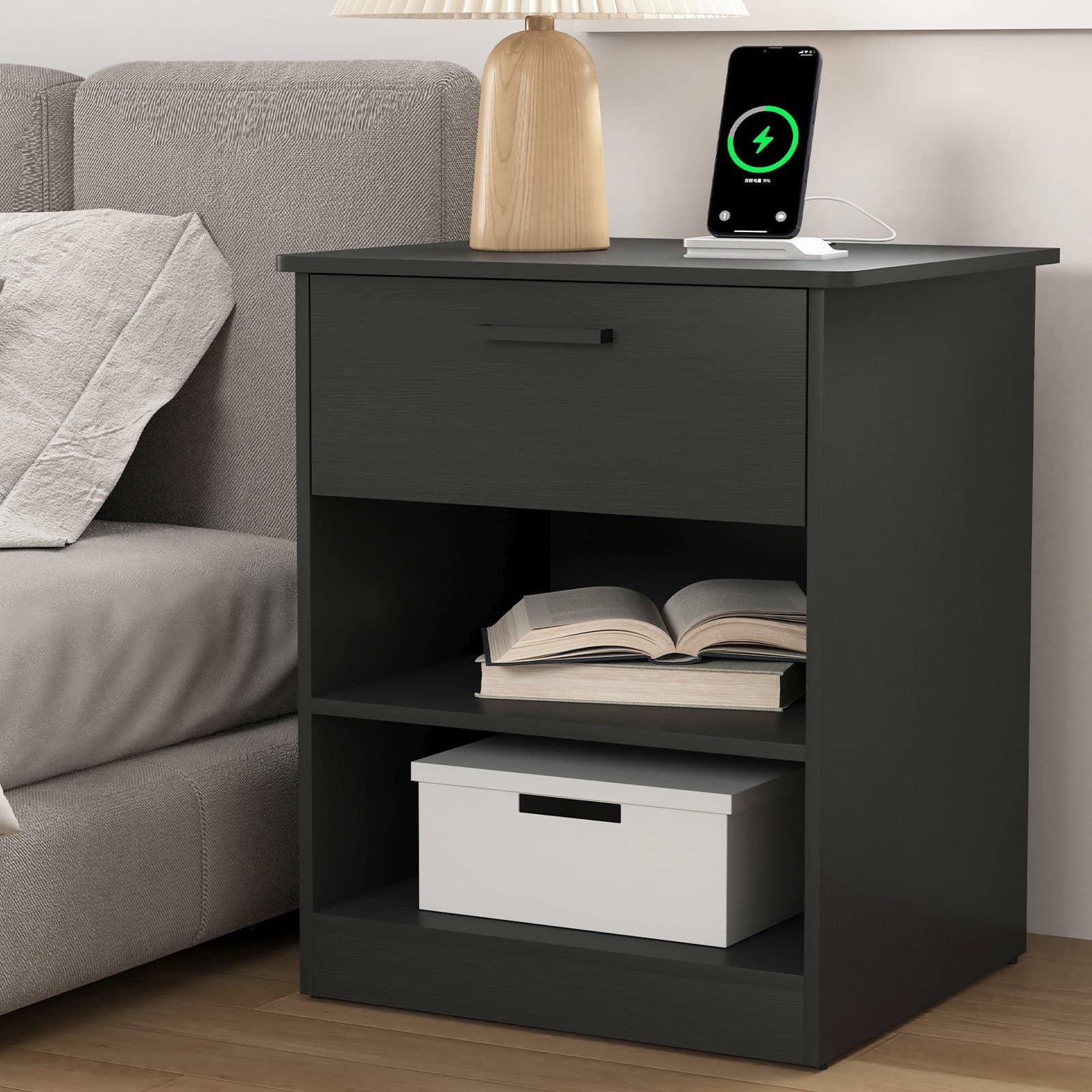 Kadyn - Wood Nightstand With Charging Station, Bedside Table With Wood Drawers And Open Shelf, Bedroom - Black