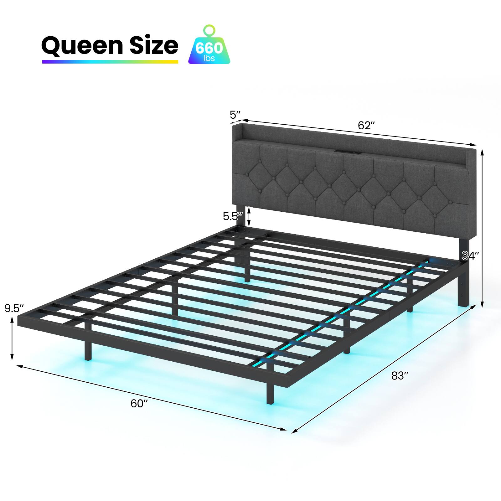 Queen Size 660 lbs, 5", 62", 5.5", 34", 9.5", 83", 60"