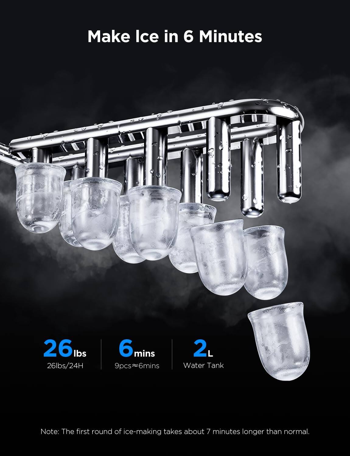 Make Ice in 6 Minutes

26 lbs  
26lbs/24H

6 mins  
9pcs≈6mins

2 L  
Water Tank

Note: The first round of ice-making takes about 7 minutes longer than normal.