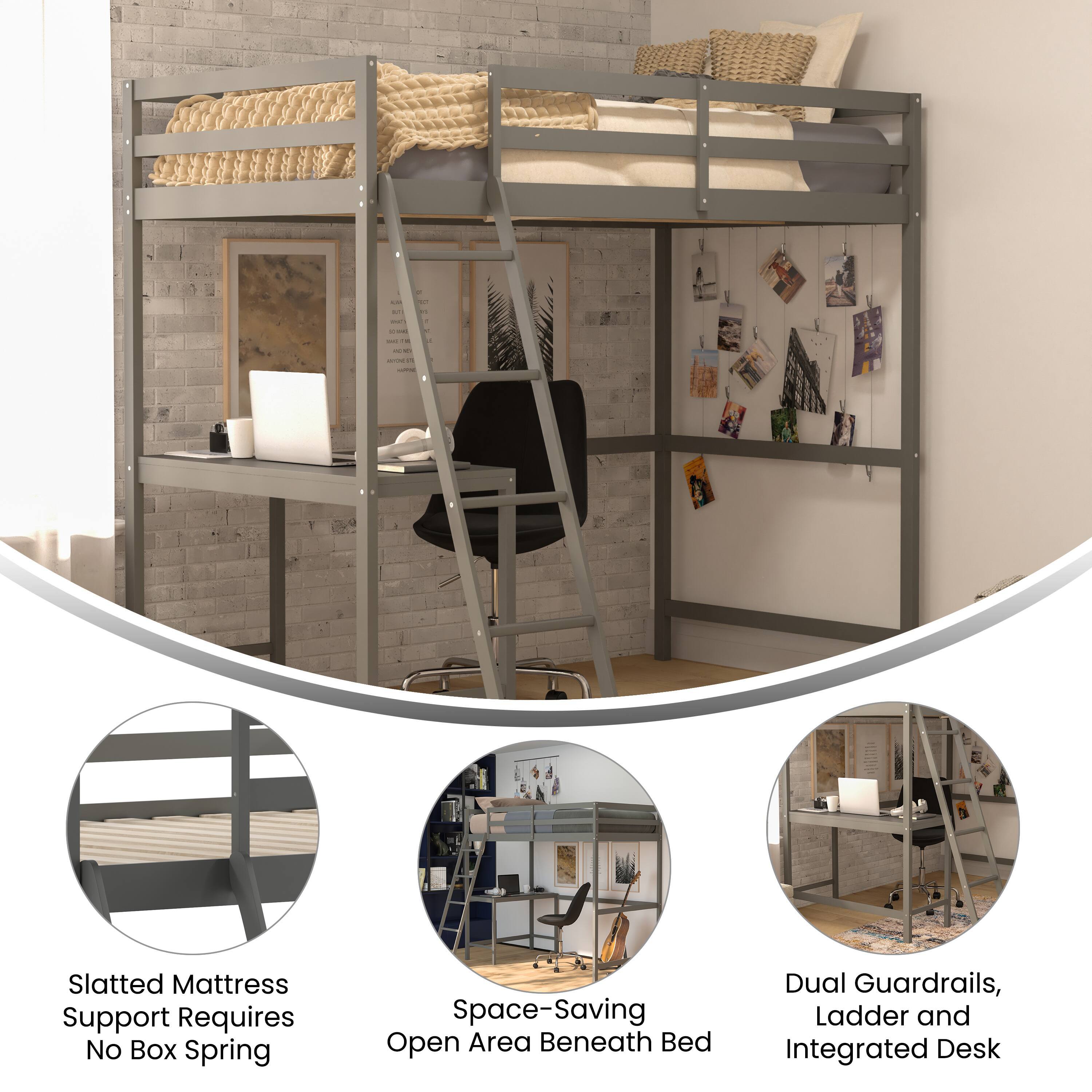 Slatted Mattress Support Requires No Box Spring  
Space-Saving Open Area Beneath Bed  
Dual Guardrails, Ladder and Integrated Desk