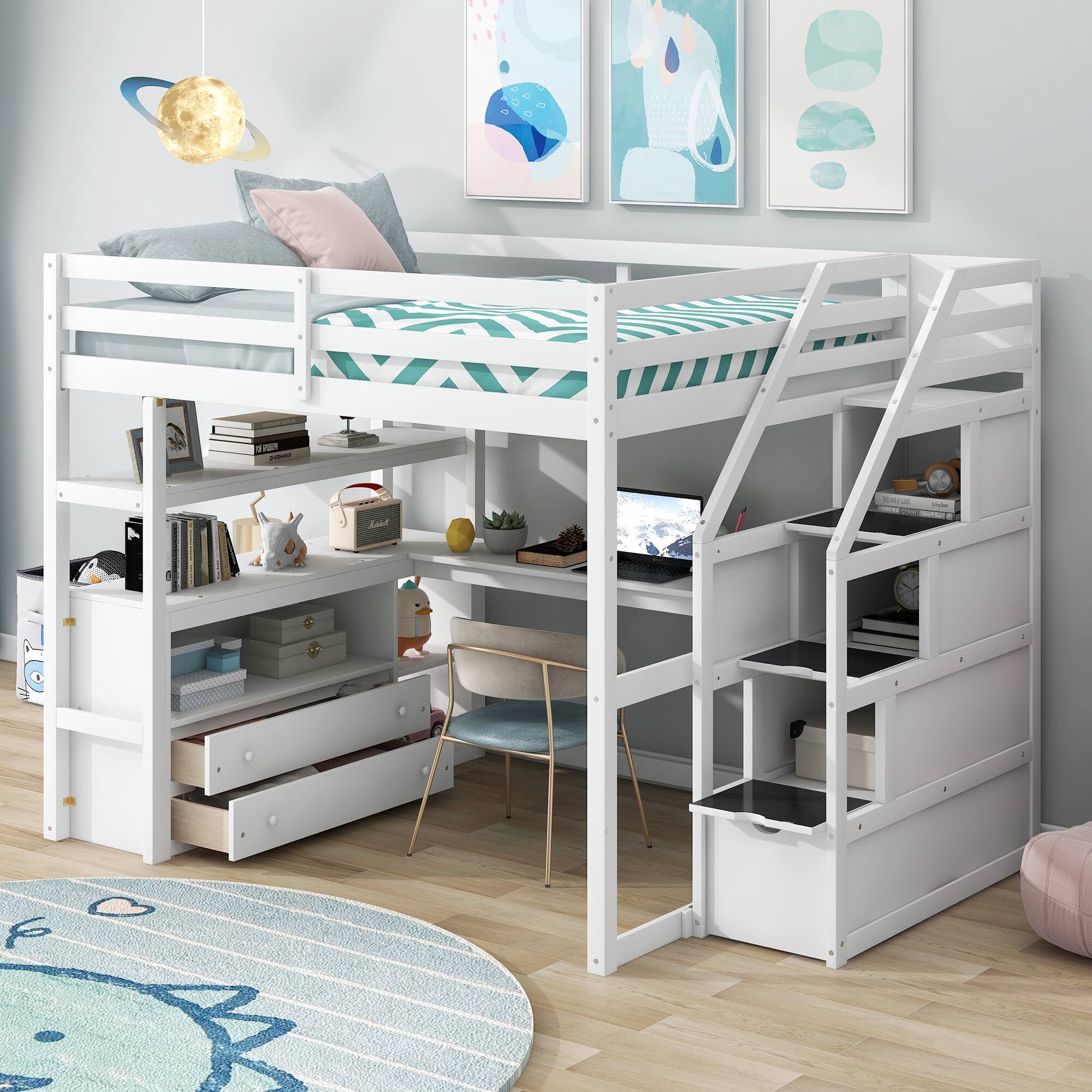 Front. Tiramisubest - Full Size Loft Bed with Desk, Shelves, Drawers & Storage Staircase, White Pine Wood - White.