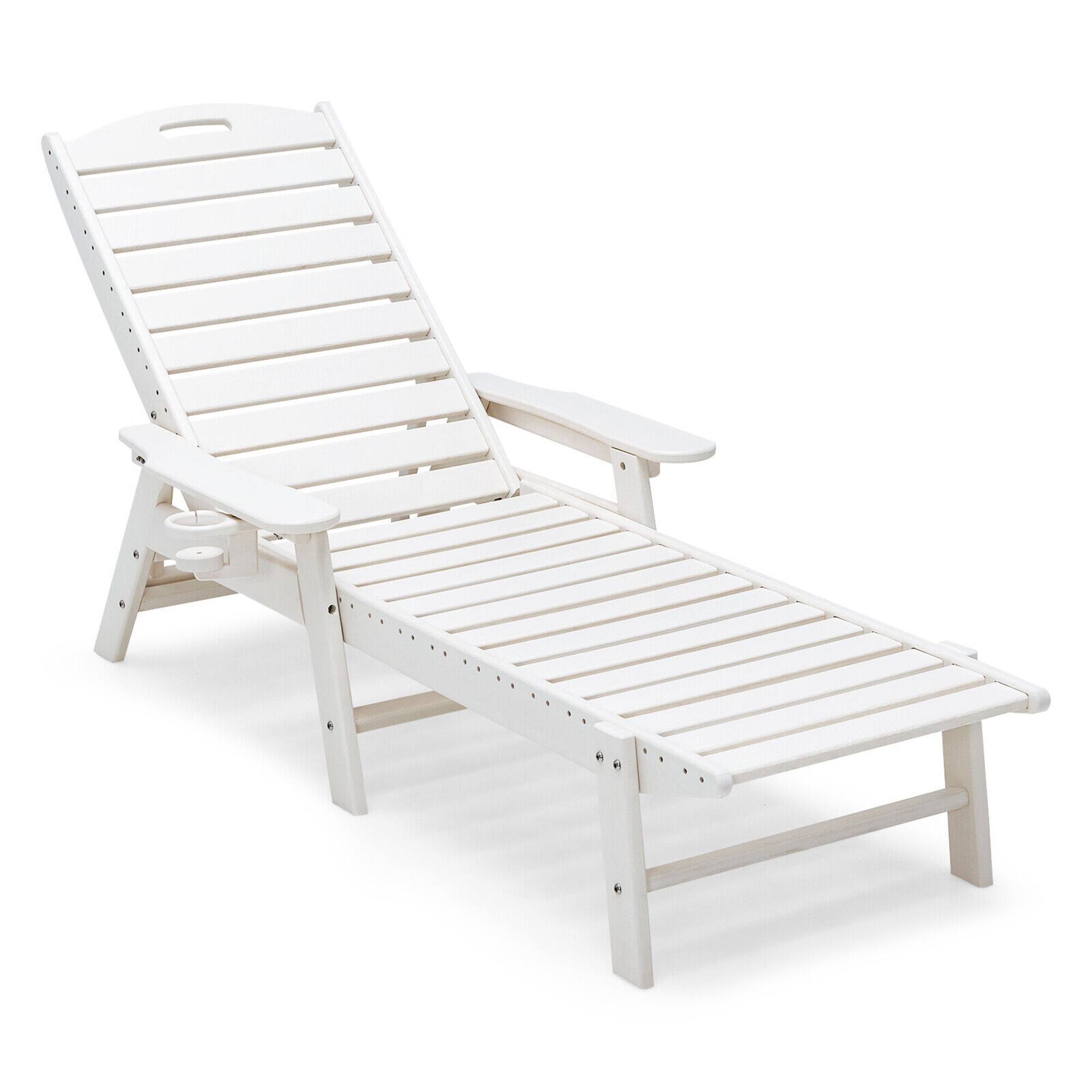Alt View 5. Gymax - Gymax 2PCS Patio Chaise Lounge HDPE Reclining Chair w/ 5-Position Adjustable Backrest & Cup Holder - White.