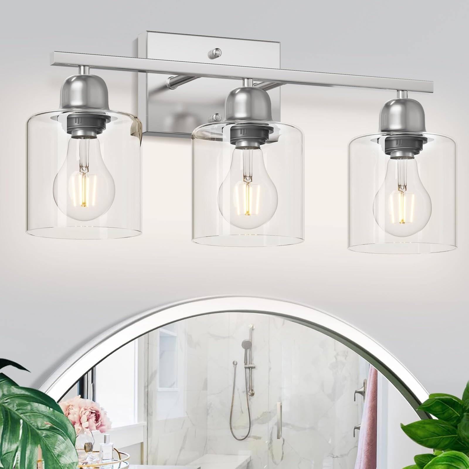 Front. Earthley Blooms - Modern Brushed Nickel Light Inch Vanity Lights For Bathroom With Clear Glass Lighting Fixtures Over Mirror - Nickel 3-Light.